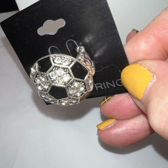 Silver Tone with Black Enamel and Crystals Cocktail Ring with Stretch Band - Picture 3 of 6